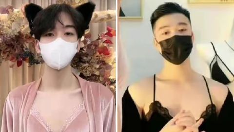 Men dressed in nightgowns appear in screenshots from livestream shopping platforms posted on China's Twitter-like Weibo platform on January 12, 2023.