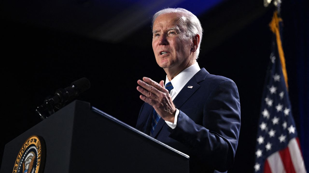 US President Joe Biden gestures as he speaks during the House Democratic Caucus Issues Conference at the Hyatt Regency Inner Harbor in Baltimore, Maryland, on March 1, 2023. 