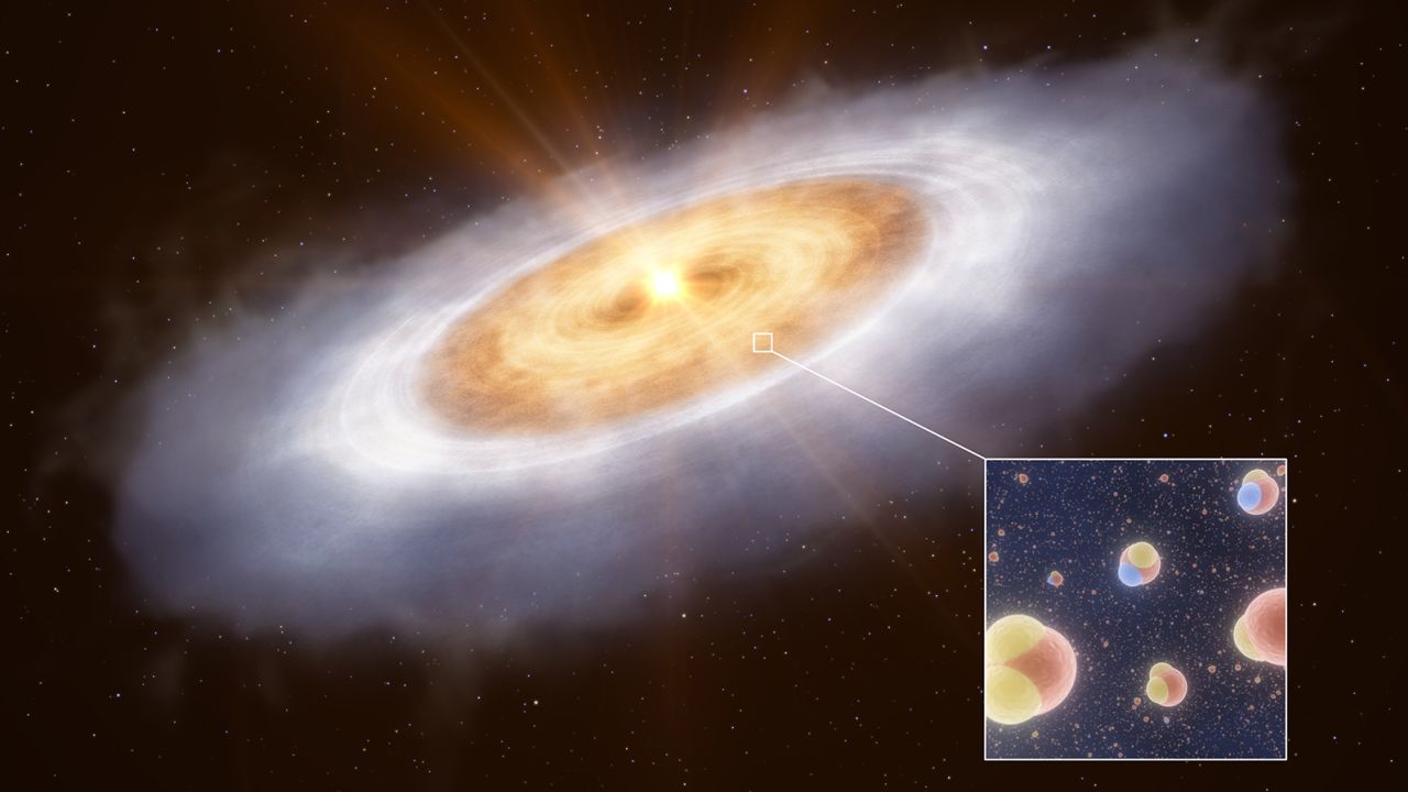 This artist's impression shows the planet-forming disk around the star V883 Orionis and the water molecules detected inside it.