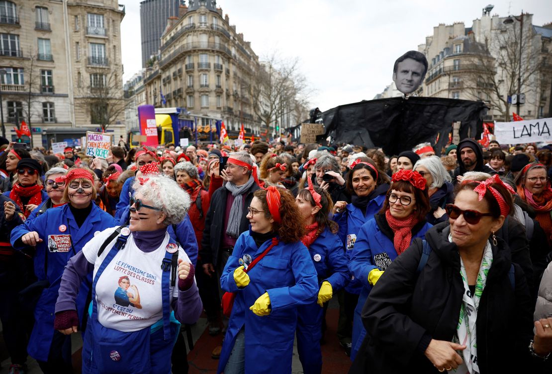 Protesters attend a demonstration in Paris on March 7, 2023 against the French government's pension reforms.