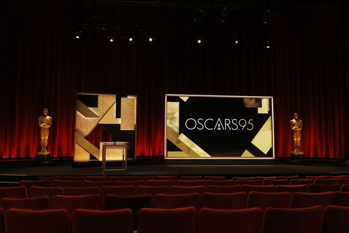 A view of the podium before the announcement of the 95th Academy Award nominations on January 24, 2023 in Beverly Hills, California.