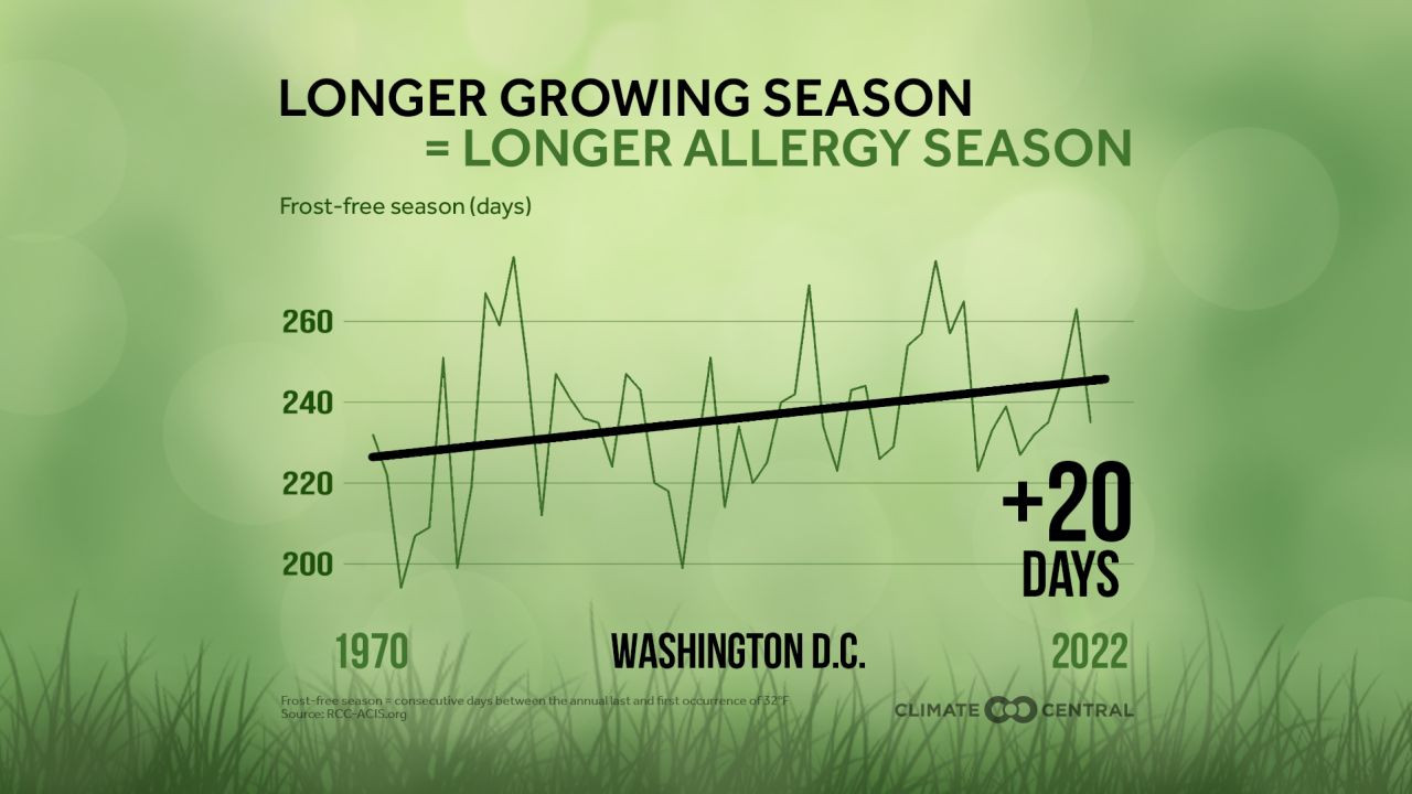 La temporada de crecimiento se ha alargado 20 días en Washington, DC, según un análisis de Climate Central.