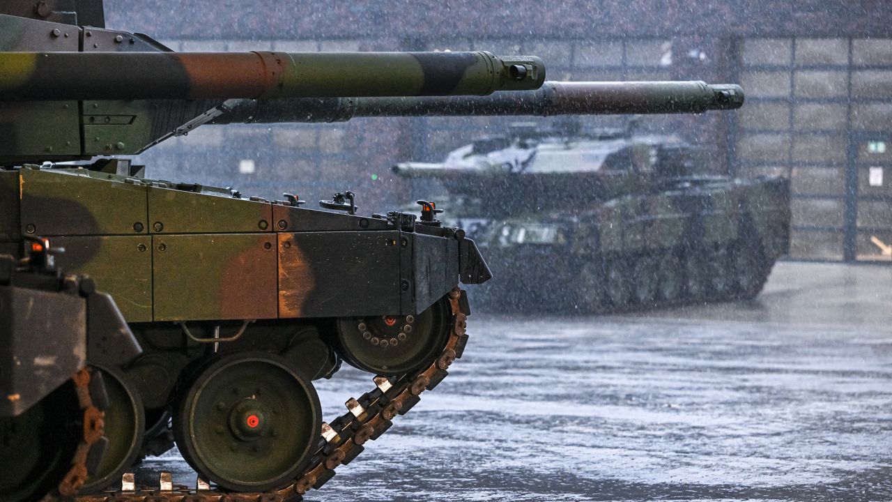 Leopard 2 A6 main battle tanks during a visit by German Defense Minister Boris Pistorius to the Bundeswehr's Panzerbataillon 203 tank squadron on February 1, 2023 in Augustdorf, Germany.