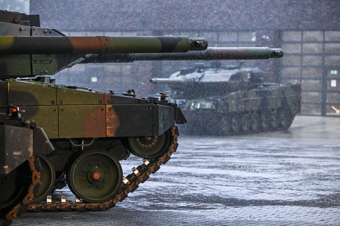 Leopard 2 A6 main battle tanks during a visit by German Defense Minister Boris Pistorius to the Bundeswehr's Panzerbataillon 203 tank squadron on February 1, 2023 in Augustdorf, Germany. 