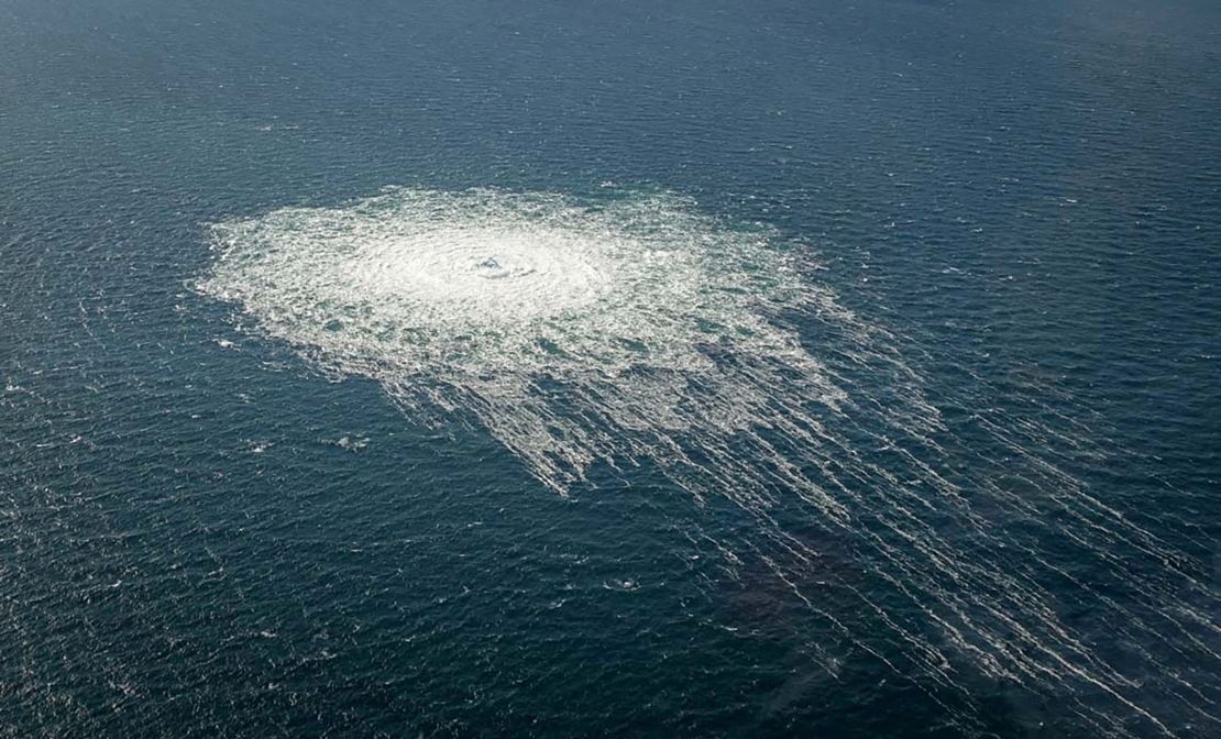 Gas bubbles from the Nord Stream 2 leak reach the surface of the Baltic Sea near Bornholm, Denmark on September 27, 2022.