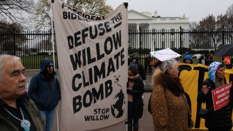 Demonstrators gather near the White House in Washington, D.C. on March 3, 2023, demanding that President Biden stop the Willow Master Development Plan, an oil drilling project planned to begin in Alaska. 