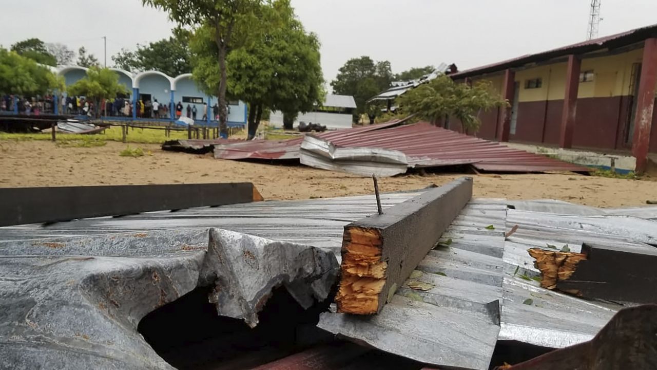 The damaged roof of a school lies in the playground in Vilanculos, Mozambique, on February 24, after Tropical Cyclone Freddy hit the country.