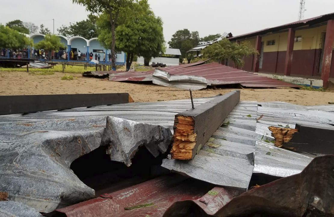 The damaged roof of a school lies in the playground in Vilanculos, Mozambique, on February 24, after Tropical Cyclone Freddy hit the country.