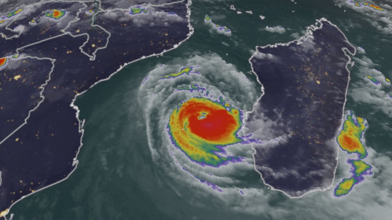 A satellite image of Tropical Cyclone Freddy moving towards Mozambique, taken around 12am local time Wednesday March 8, 2023