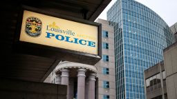 Signage is displayed outside the Louisville Metro Police headquarters in Louisville, Kentucky on Oct. 25, 2021.