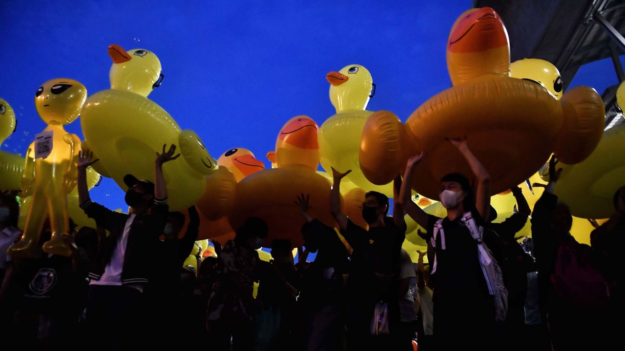 At an anti-government demonstration in 2020, protesters held up large inflatable yellow ducks, which have become a symbol of the pro-democracy movement.