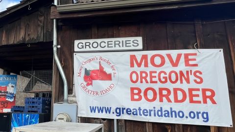 The Greater Idaho Movement sign seen at the Wheeler County Trading Company in Mitchell, Oregon. 