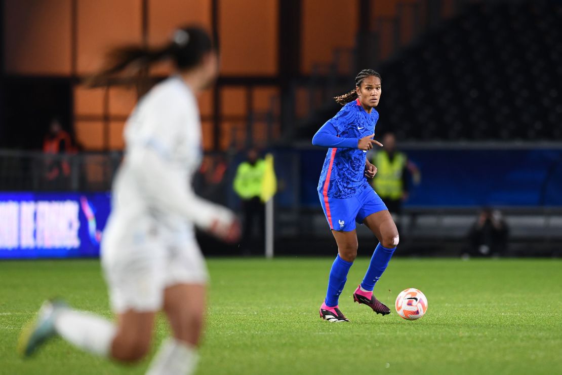 Wendie Renard (R) playing for France against Uruguay at the Stade Raymond Kopa on February 18, 2023 in Angers, France.