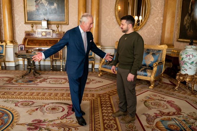 The King meets Ukrainian President Volodymyr Zelensky, who was visiting Buckingham Palace in February 2023. Zelensky <a href="index.php?page=&url=https%3A%2F%2Fwww.cnn.com%2F2023%2F02%2F08%2Feurope%2Fzelensky-visit-uk-intl-gbr%2Findex.html" target="_blank">made a surprise visit to the UK</a> and gave a speech to the joint houses of Parliament.