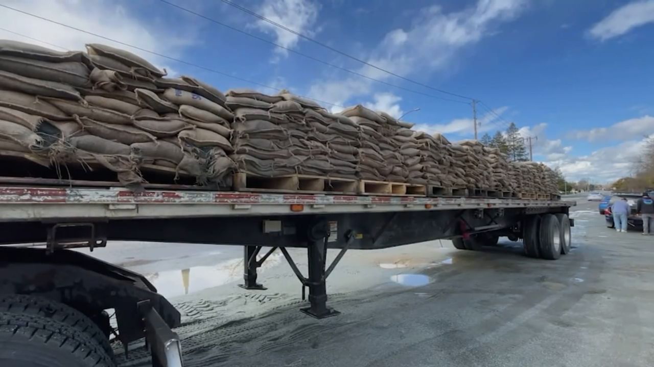 Sandbags are seen in Santa Clara County, California, as communities prepare for the threat of a new storm on Wednesday, March 8, 2023.