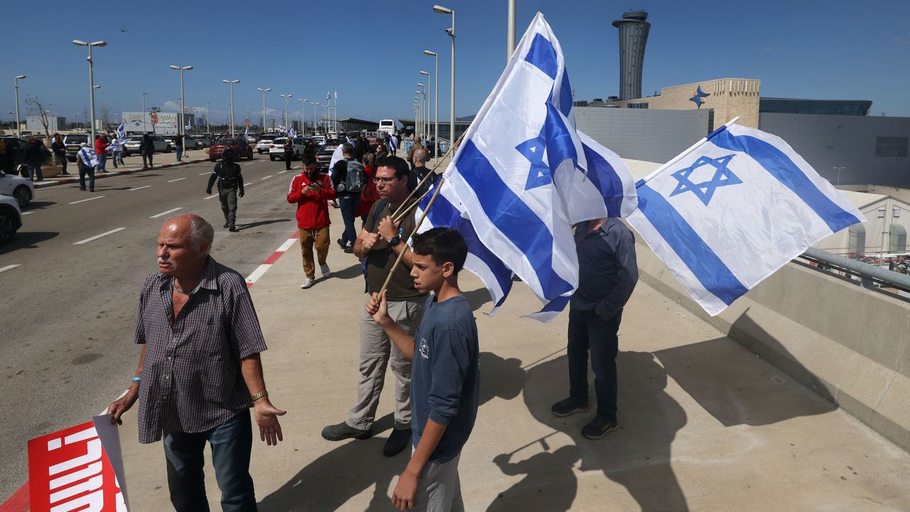 Israelis protesting against the government's judicial reforms block the main road leading to Ben Gurion Airport on Thursday.