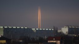 Three Russian rockets launched against Ukraine from Russia's Belgorod region are seen at dawn in Kharkiv, Ukraine, late Thursday, March 9, 2023. (AP Photo/Vadim Belikov)