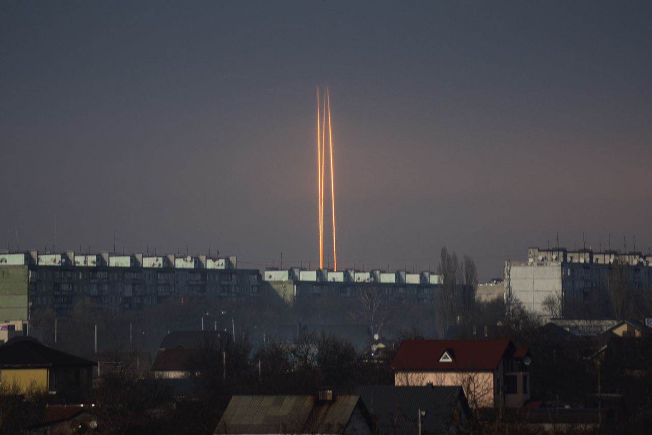 Three Russian rockets are seen in Kharkiv, Ukraine, on Thursday, March 9. Russia showered major cities across Ukraine with what officials said was an <a href=