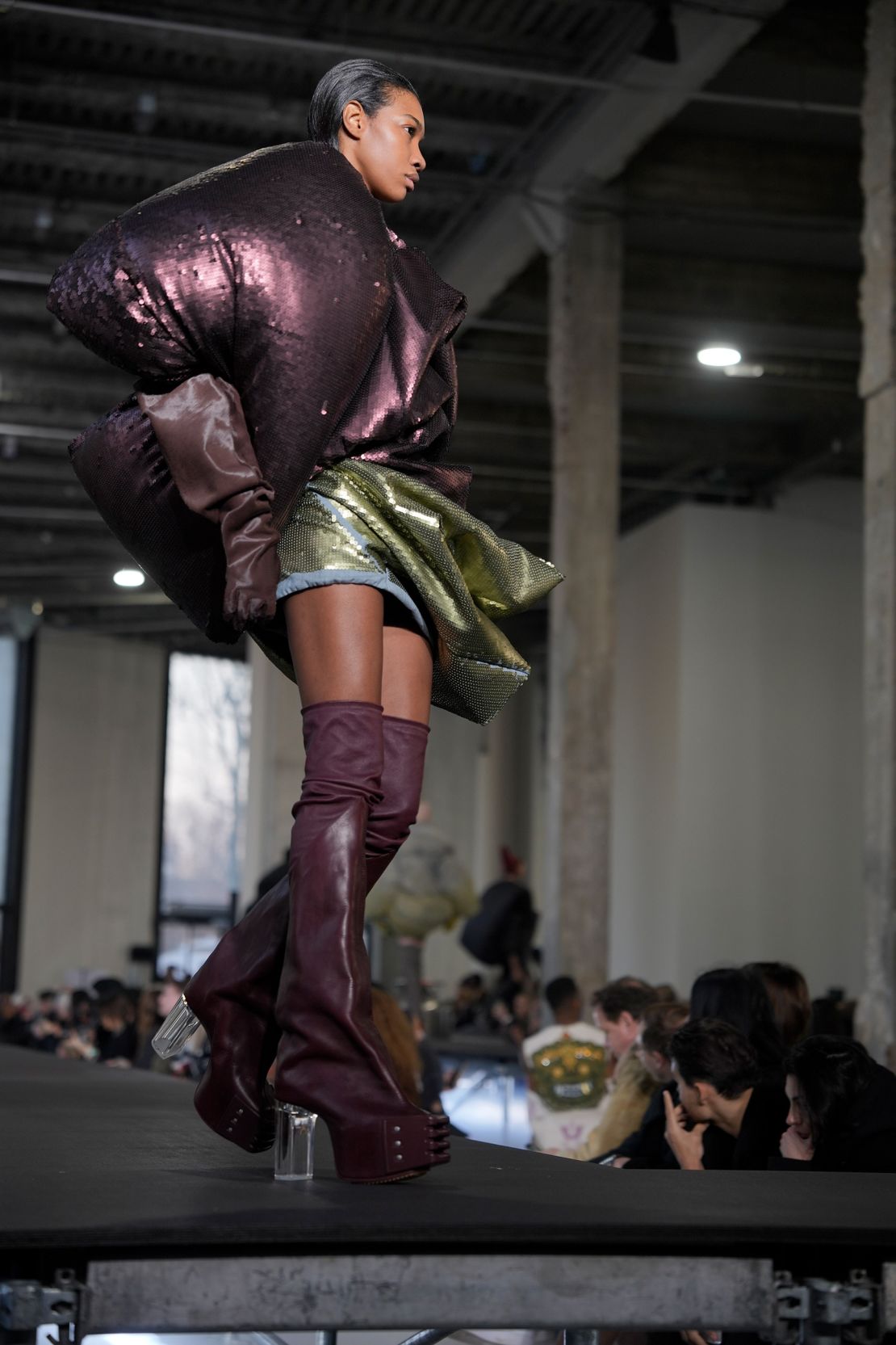 The puffy shapes at Rick Owens were made from iridescent material and caught the light as models walked.