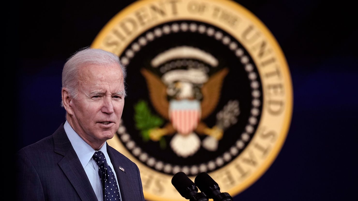 President Joe Biden speaks in the South Court Auditorium at the White House complex February 16, 2023 in Washington, DC.
