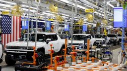 Hummer EV are seen on the production line as U.S. President Joe Biden tours the General Motors 'Factory ZERO' electric vehicle assembly plant, in Detroit, Michigan, U.S. November 17, 2021. 