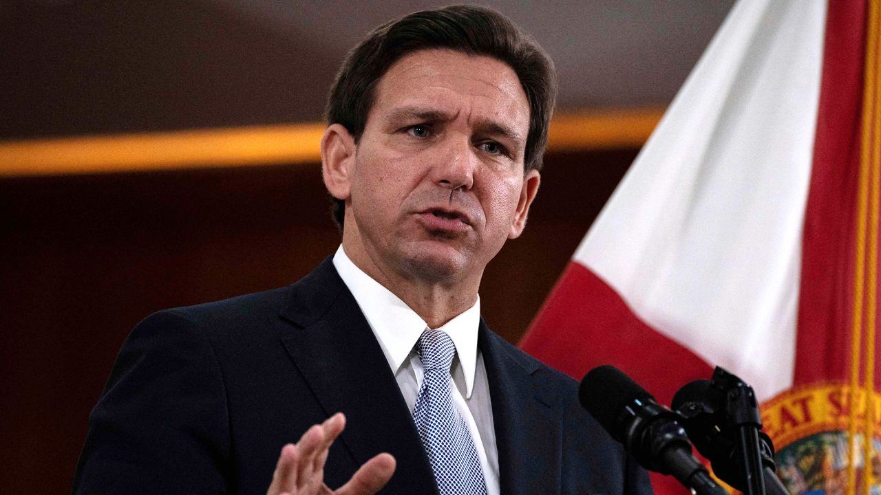 Florida Governor Ron DeSantis answers questions from the media in the Florida Cabinet following his "State of the State" address during a joint session of the Florida Senate and House of Representatives at the Florida State Capitol in Tallahassee, Florida, on March 7, 2023.