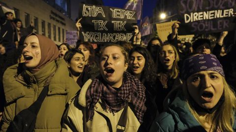 Protesters in Istanbul shout slogans during a rally on Wednesday, where demonstrators called their movement a "feminist rebellion."