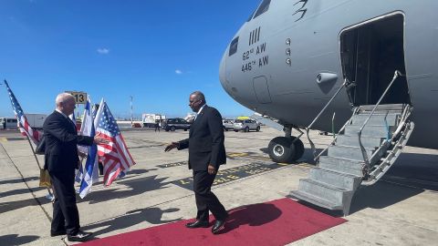 US Defence Secretary Lloyd Austin is greeted by Israeli Defence Minister Yoav Gallant at Ben Gurion Airport on Thursday, as part of a broader Middle East trip.