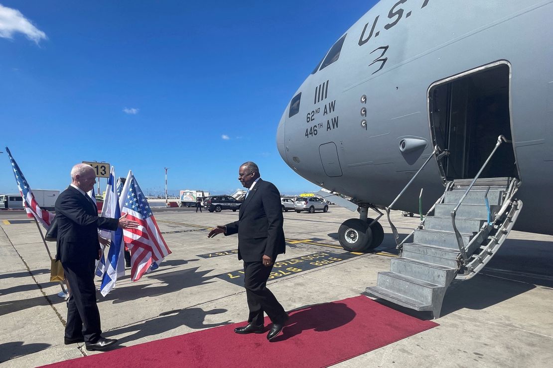 US Defense Secretary Lloyd Austin is greeted by Israeli Defense Minister Yoav Gallant at Ben Gurion Airport on Thursday.