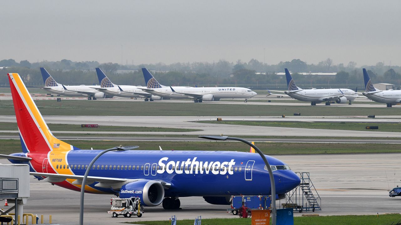 File photo: A Southwest Airlines Boeing 737 MAX 8 aircraft is pictured in front of United Airlines planes, at William P. Hobby Airport in Houston, Texas.  