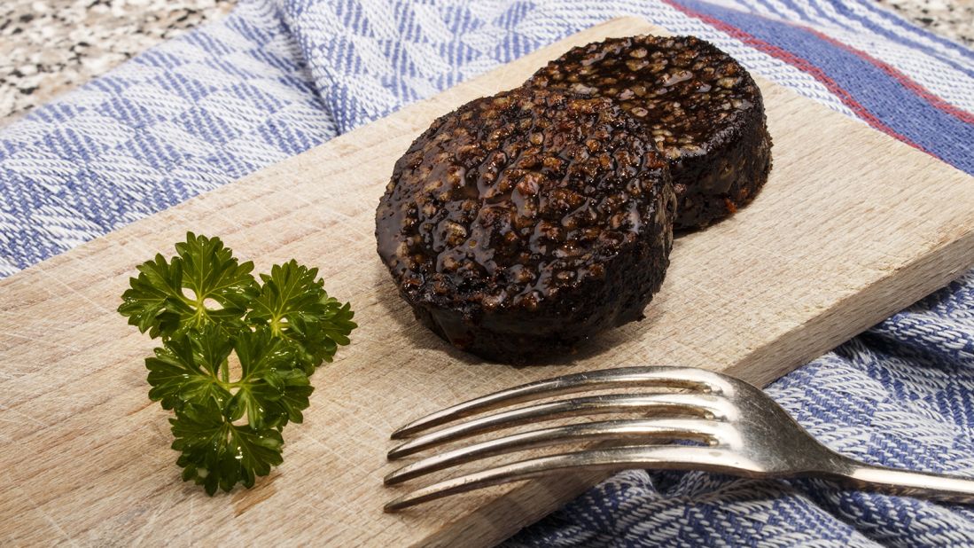<strong>Black pudding:</strong> This iron-rich blood sausage is made with oatmeal and is very tasty, once you work up the courage to try it. 