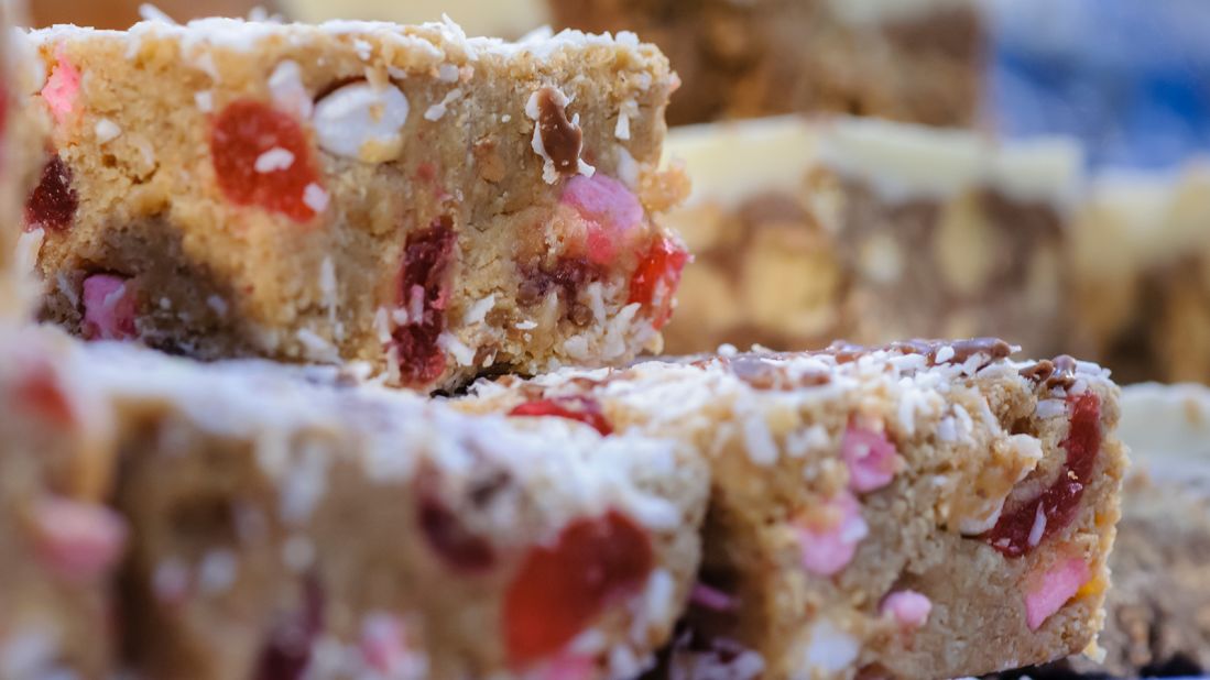 <strong>Traybakes:</strong> Fifteens are a super-sweet confection made from marshmallow, coconut, cherries and digestive biscuits (cookies).