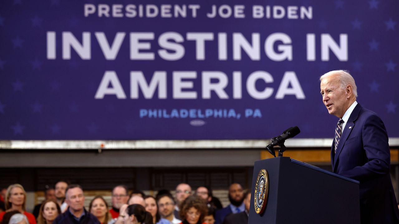 President Joe Biden talks about his proposed FY2023 federal budget during an event at the Finishing Trades Institute on March 9 in Philadelphia, Pennsylvania.