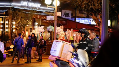 Israeli security personnel work at the scene after a terrorist suspect opened fire in central Tel Aviv on March 9.