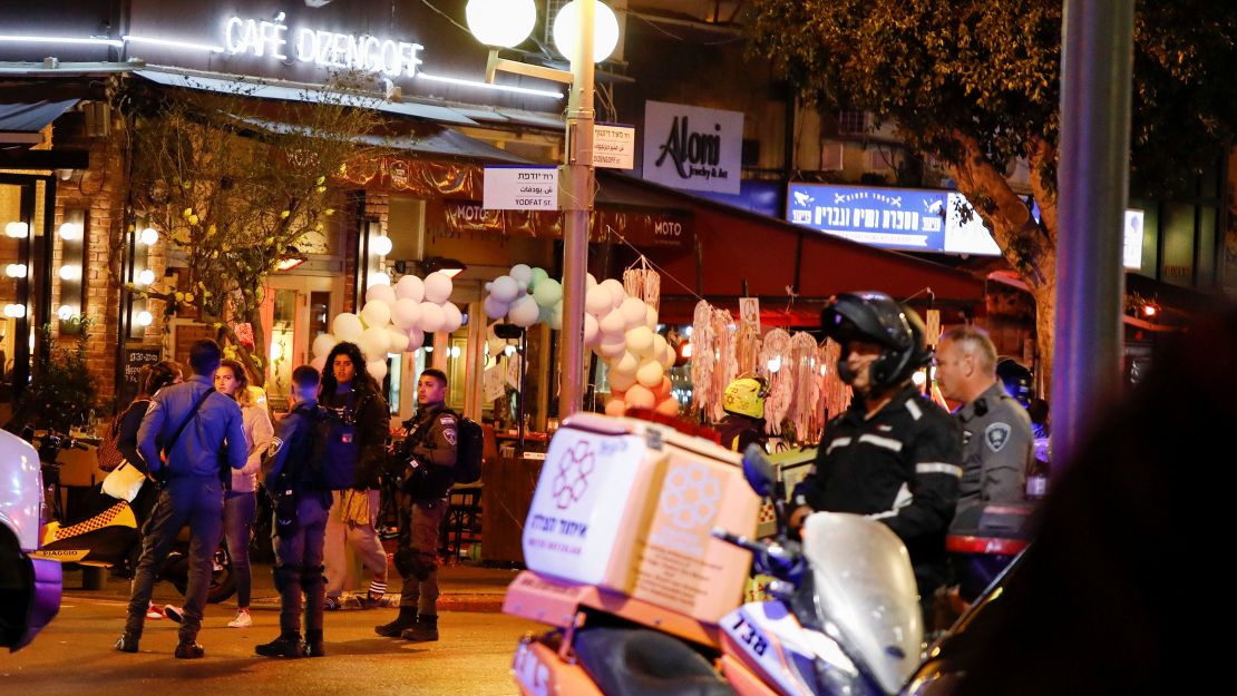 Israeli security personnel work at the scene after a suspected terrorist opened fire in central Tel Aviv on March 9.