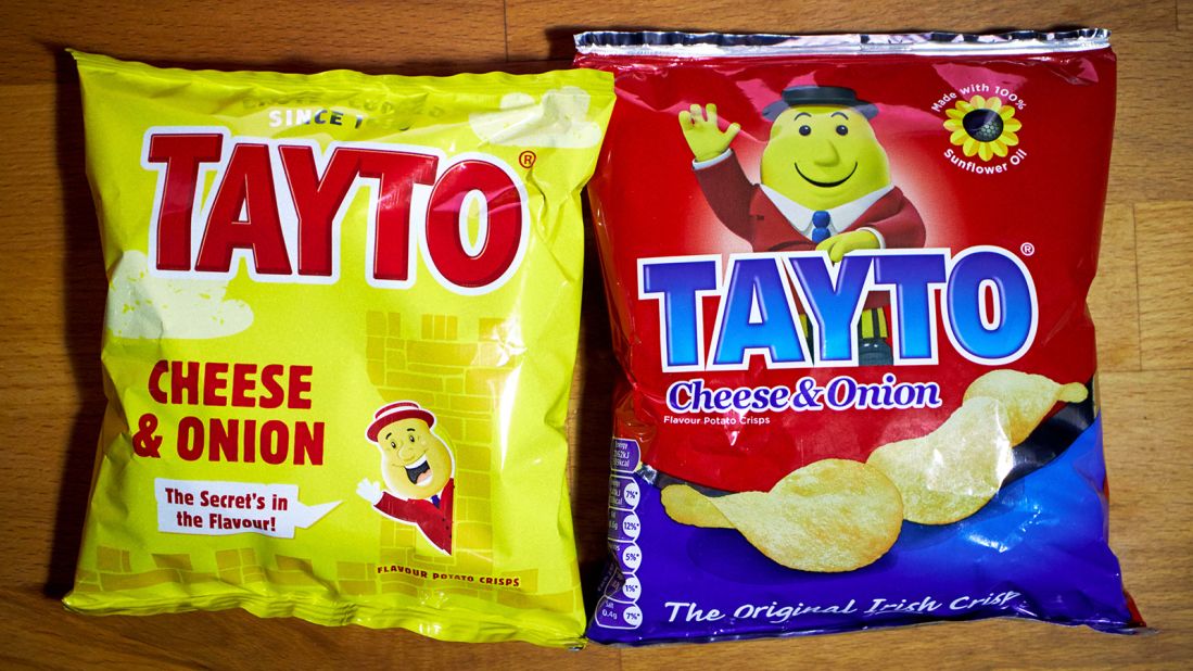 <strong>Tayto crisps: </strong>There are two separate Tayto crisp companies (Northern Ireland's on the left and the Republic of Ireland on the right) but the quintessential flavor is always cheese and onion. 