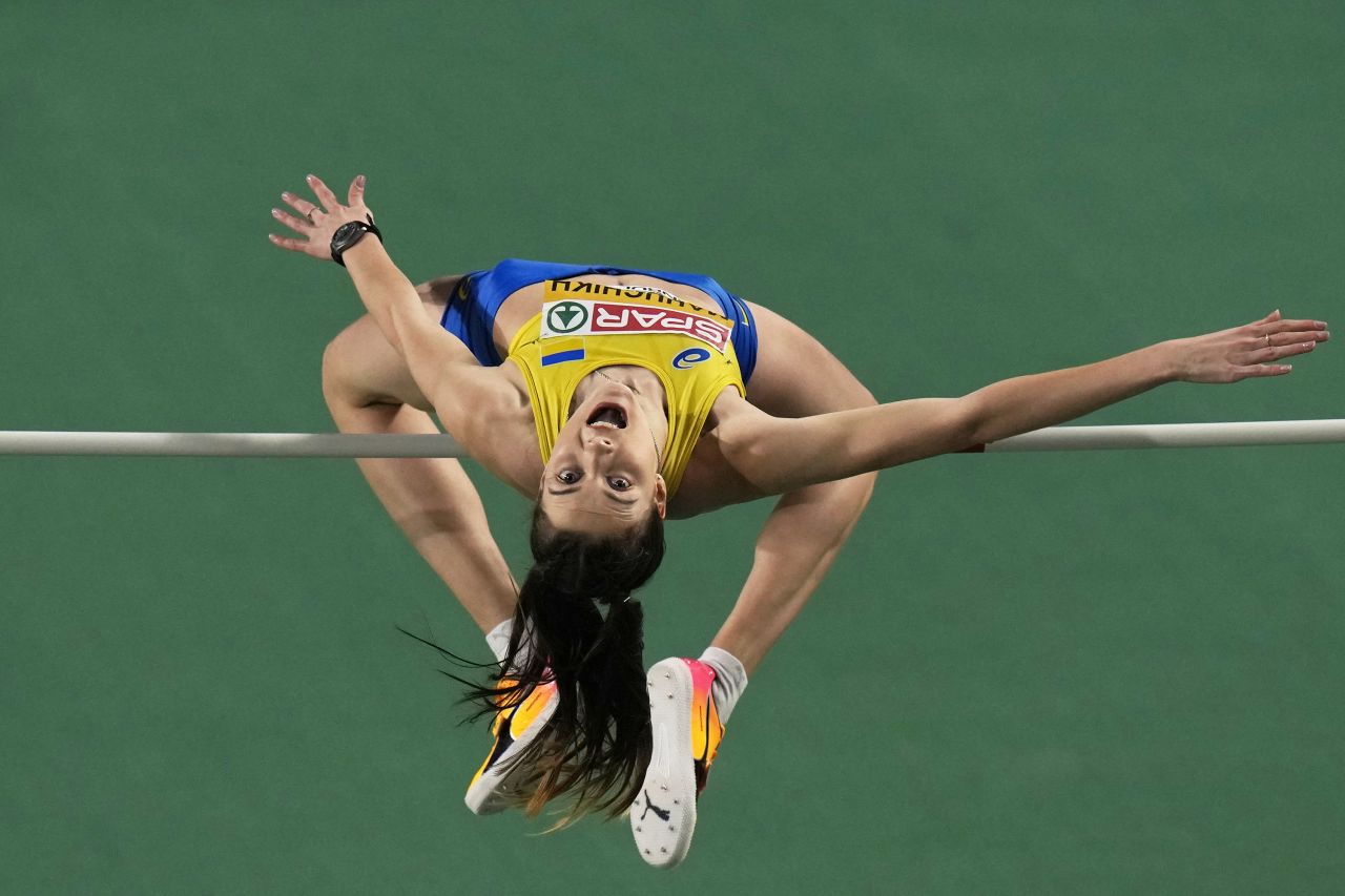 Ukrainian high jumper Yaroslava Mahuchikh competes at the European Indoor Championships on Sunday, March 5. She won the gold.