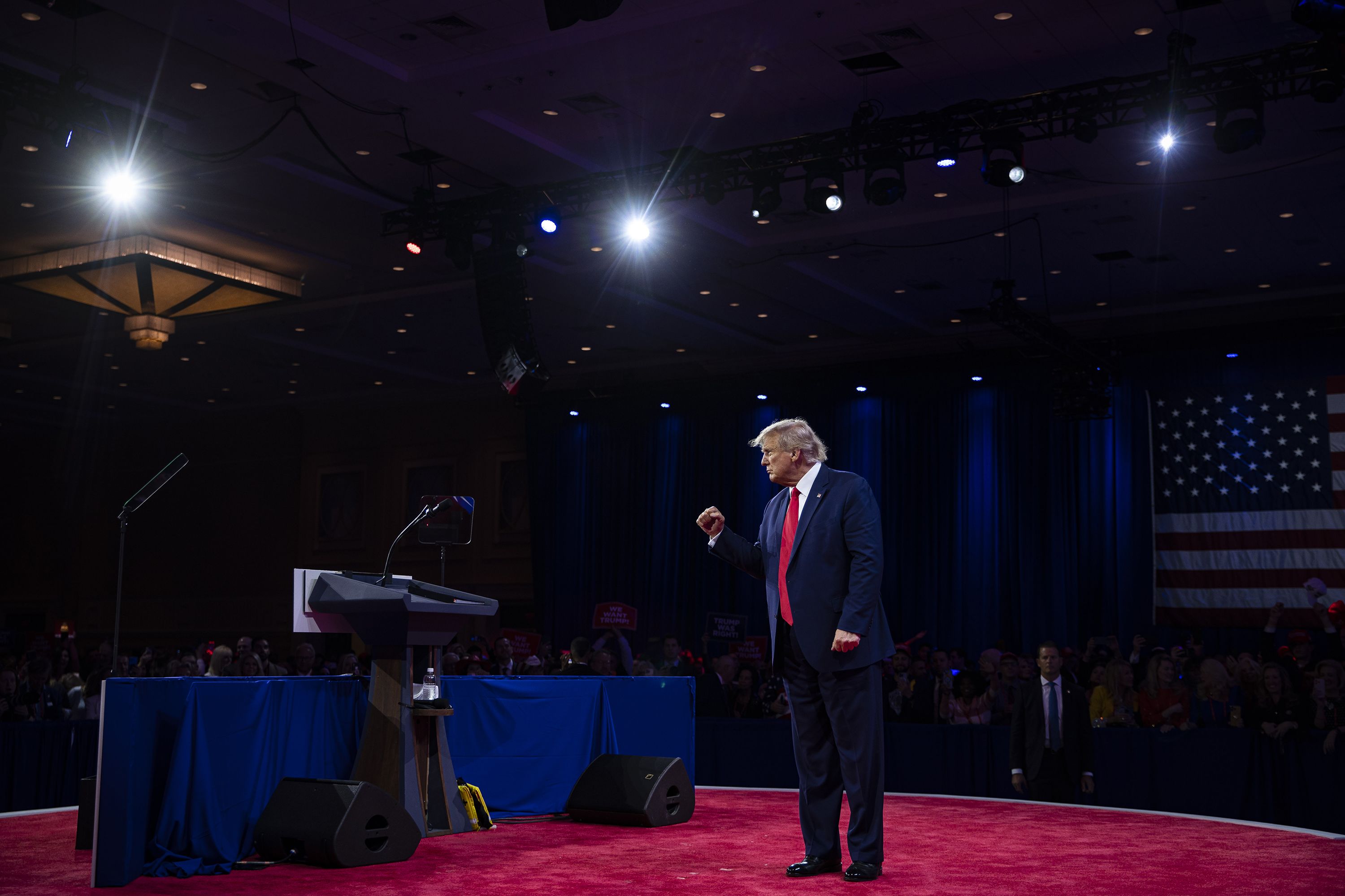 Former US President Donald Trump leaves the stage after speaking at the Conservative Political Action Conference in National Harbor, Maryland, on Saturday, March 4.