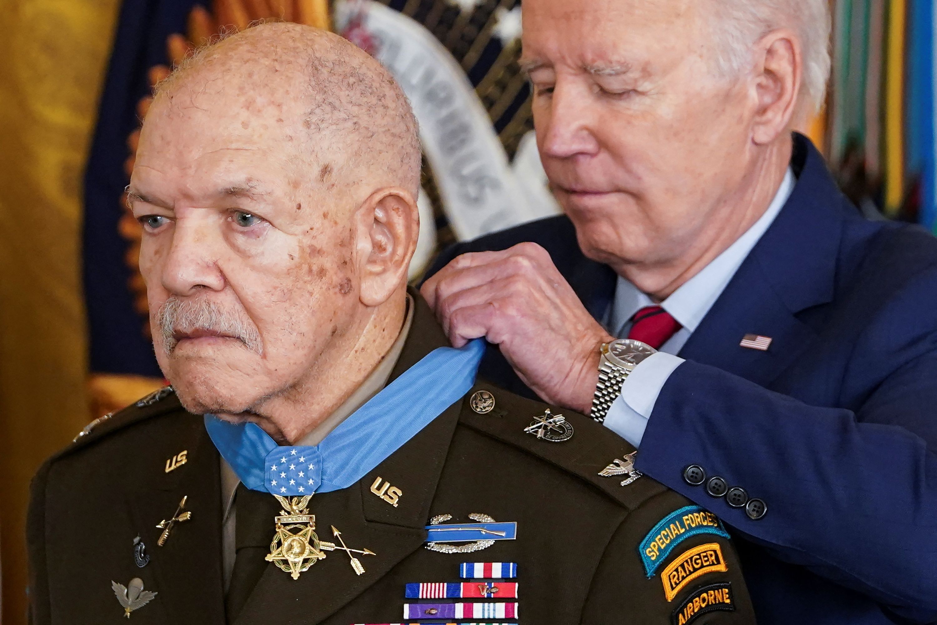 US President Joe Biden awards the Medal of Honor to retired Army Col. Paris Davis on Friday, March 3.