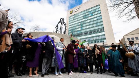 Queen Latifah and Newark Mayor Ras Baraka attend the ribbon cutting during the unveiling of the Harriet Tubman Monument in Newark.