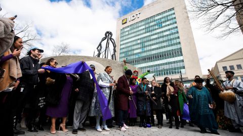 Queen Latifah and Newark Mayor Ras Baraka attend the ribbon cutting during the unveiling of the Harriet Tubman Monument in Newark. 