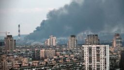 KYIV, UKRAINE - MARCH 9, 2023 - A plume of smoke rises above an infrastructure facility in the Holosiivskyi district during Russia's mass missile attack on Ukraine, Kyiv, capital of Ukraine. (Photo credit should read Eugen Kotenko / Ukrinform/Future Publishing via Getty Images)