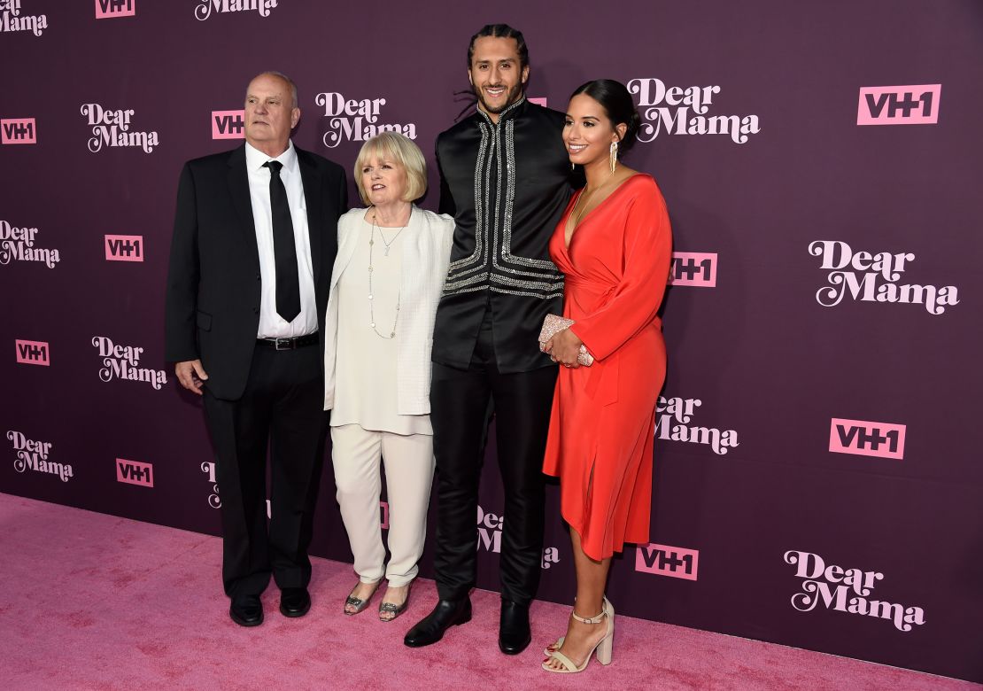 Kaepernick, second right, is pictured with his parents, from left, Rick and Teresa Kaepernick, and his partner Nessa Diab arriving at the 3rd annual "Dear Mama: A Love Letter to Moms" at The Theatre at Ace Hotel on Thursday, May 3, 2018, in Los Angeles. 