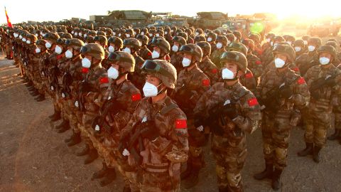 Chinese troops attend the opening ceremony of the 'Peace Mission 2021' joint counter-terrorism military exercise held in Russia in September 2021.