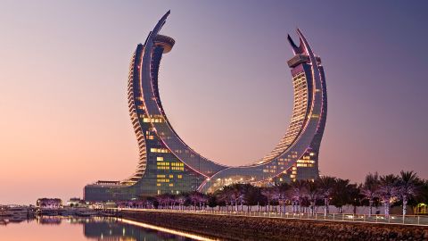 The Katara Towers building shaped like a pair of crossed scimitars.