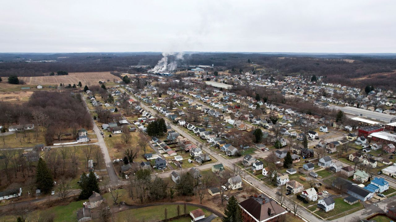 An aerial view shows a plume of smoke, following a train derailment that forced people to evacuate from their homes in East Palestine, Ohio, on February 6, 2023. 