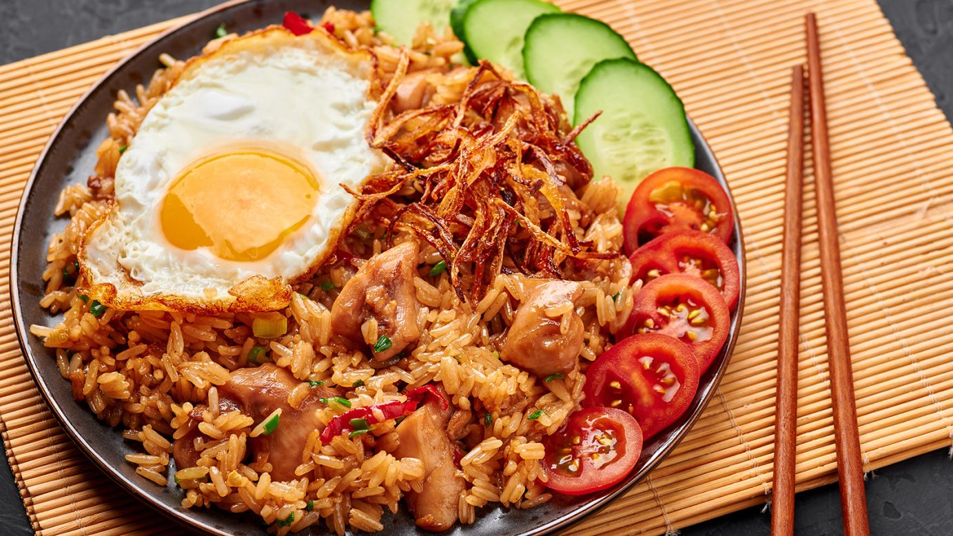 <strong>Nasi goreng: </strong>Nasi goreng translates to "fried rice" in the Indonesian and Malay languages and is an inexpensive and filling comfort staple served at street stalls and restaurants throughout Indonesia.