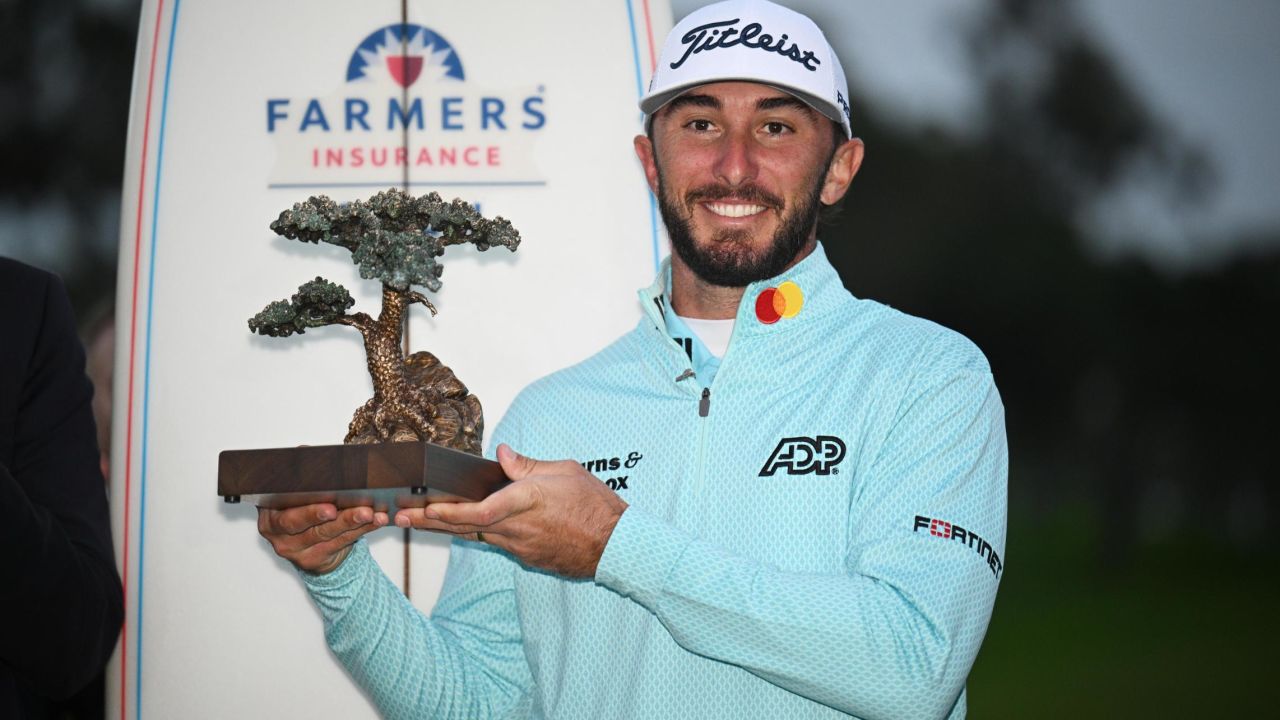 Homa celebrates victory at the Farmers Insurance Open in January.