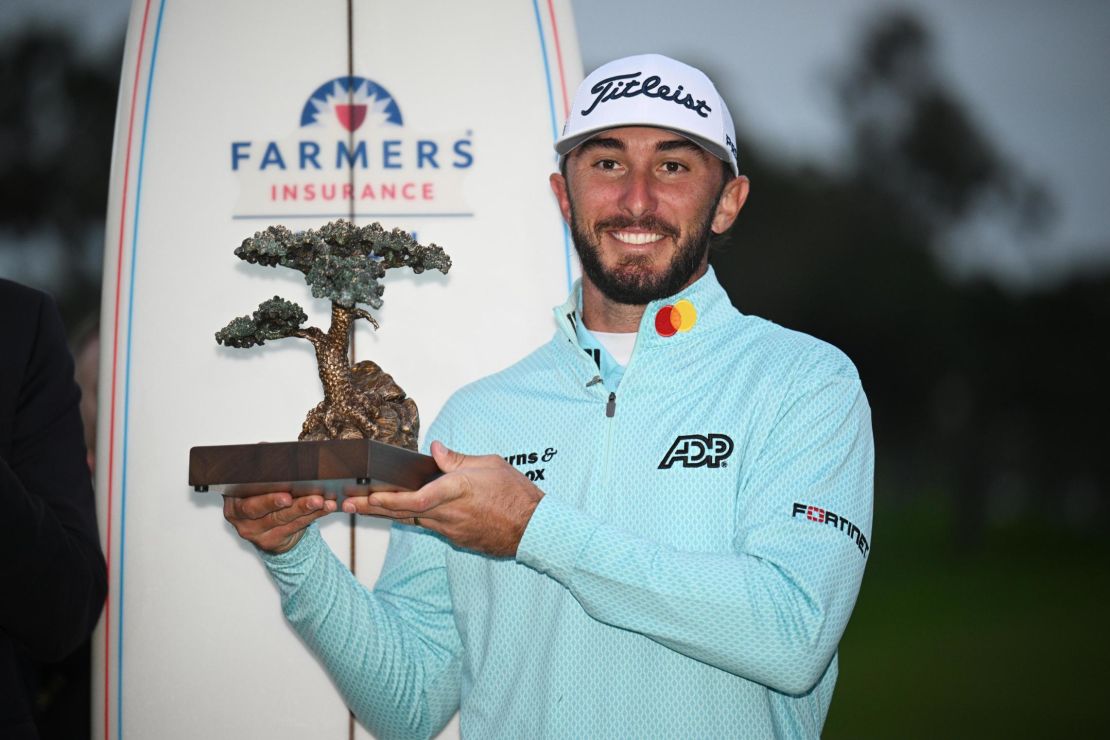 Homa celebrates victory at the Farmers Insurance Open in January.