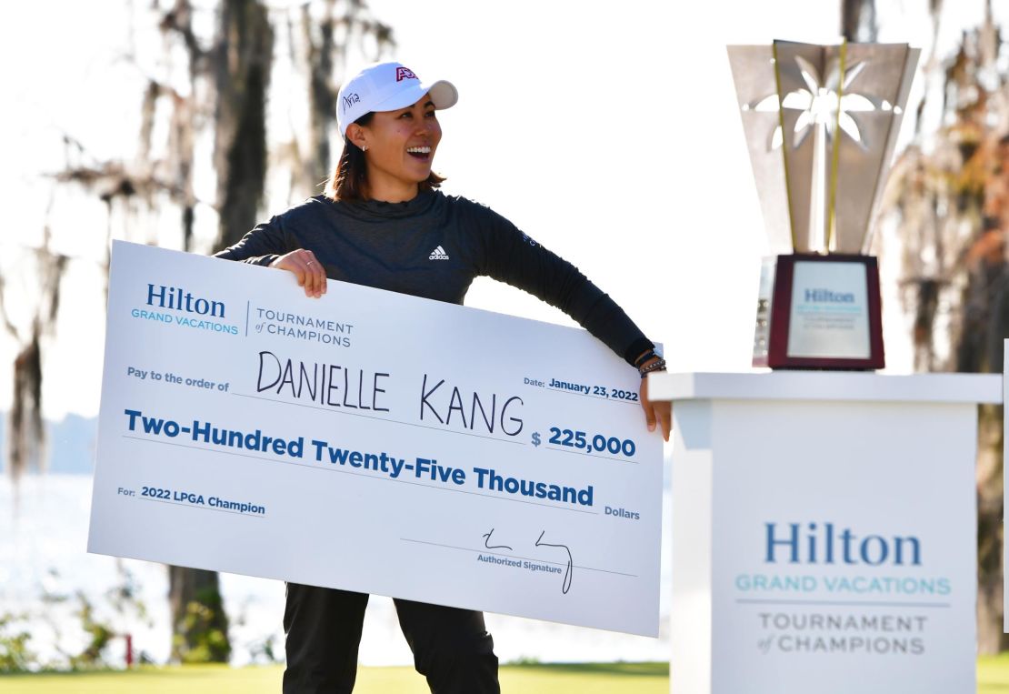 Kang celebrates victory at the Hilton Grand Vacations Tournament of Champions in Orlando, Florida in January 2022.